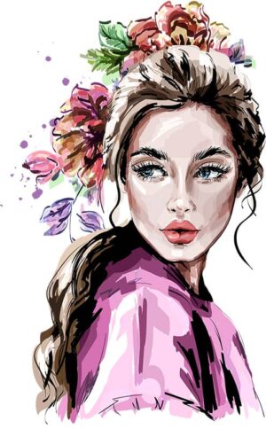 وکتور نقاشی دختر جوان با تاج گل - وکتور زن جوان با لباس صورتی و گل