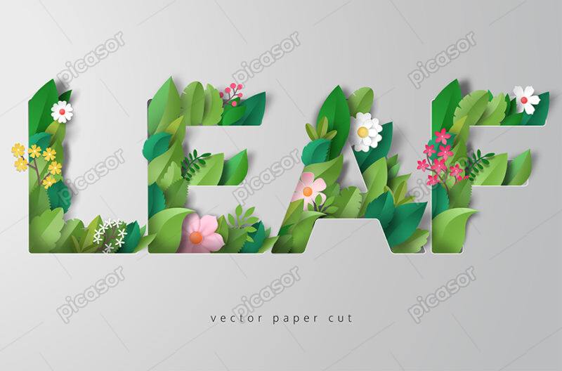 وکتور الفبای لاتین و کلمه LEAF که با گل و برگ تزیین شده