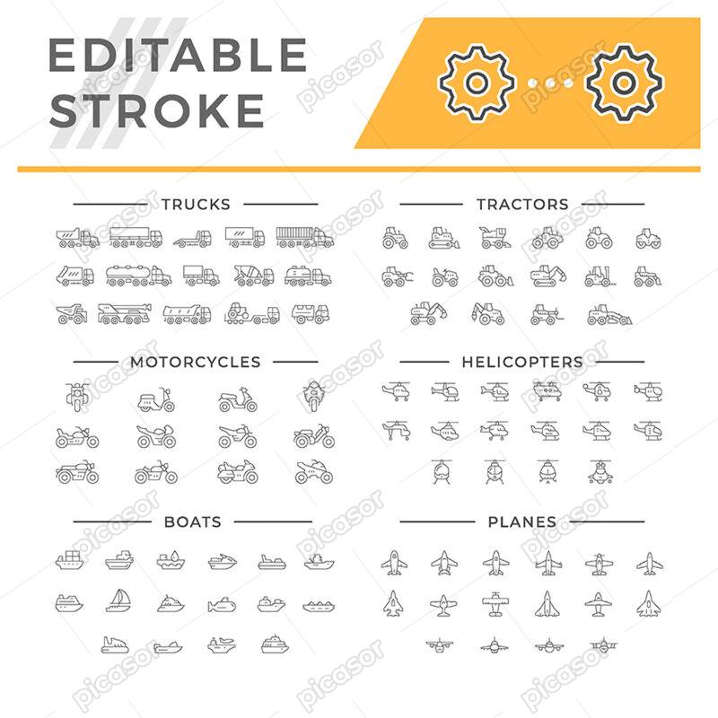 90 وکتور آیکون انواع ماشینهای حمل و نقل ،هلی کوپتر، کشتی، هواپیما، کامیون،تراکتور و قایق