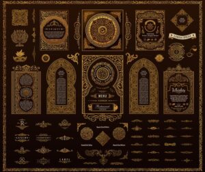 وکتور اسلیمی طلایی خطاطی تزیینی، مرزبندی، جداکننده، مجموعه قاب و تزئینات و نشانهای سلطنتی