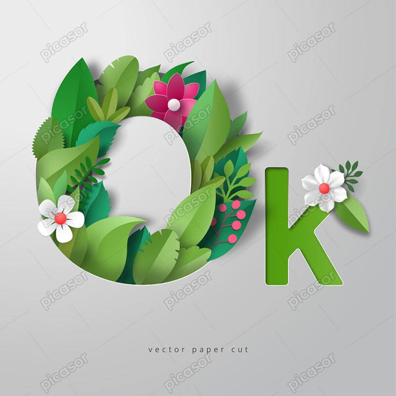وکتور الفبای لاتین و کلمه OK که با گل و برگ تزیین شده