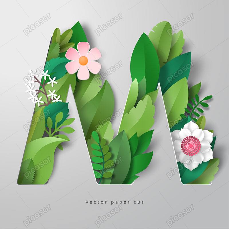 وکتور الفبای لاتین حرف M که با گل و برگ تزیین شده