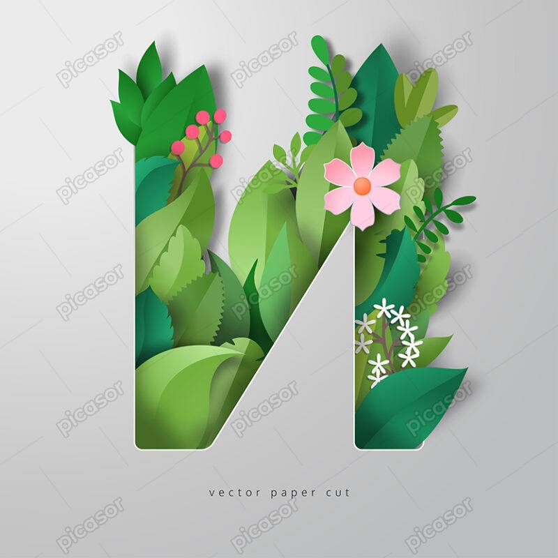 وکتور الفبای لاتین حرف N که با گل و برگ تزیین شده
