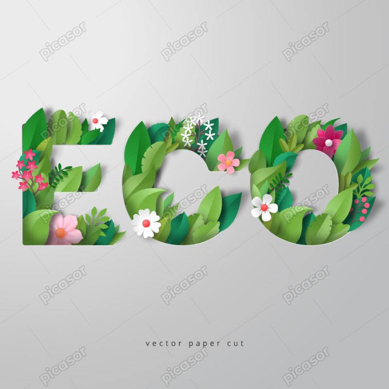 وکتور الفبای لاتین و کلمه ECO که با گل و برگ تزیین شده