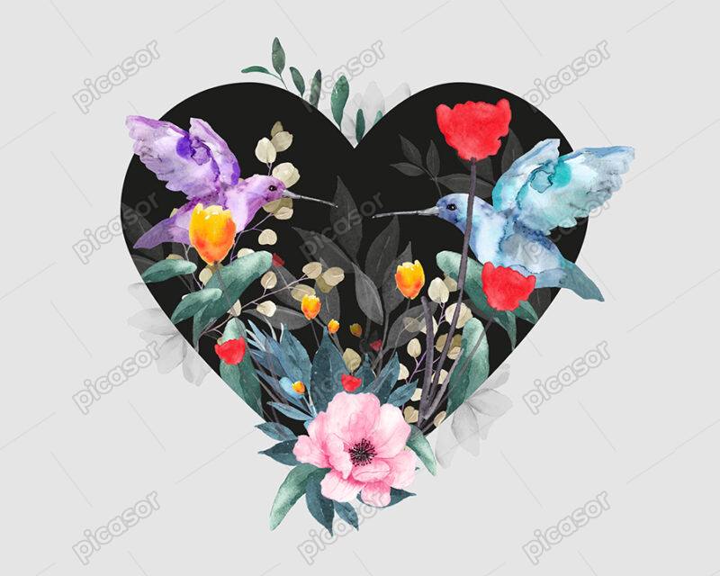 وکتور قلب سیاه در پس زمینه و المانهای آبرنگی از مرغ مگس خوار، گلها، برگ و شاخه