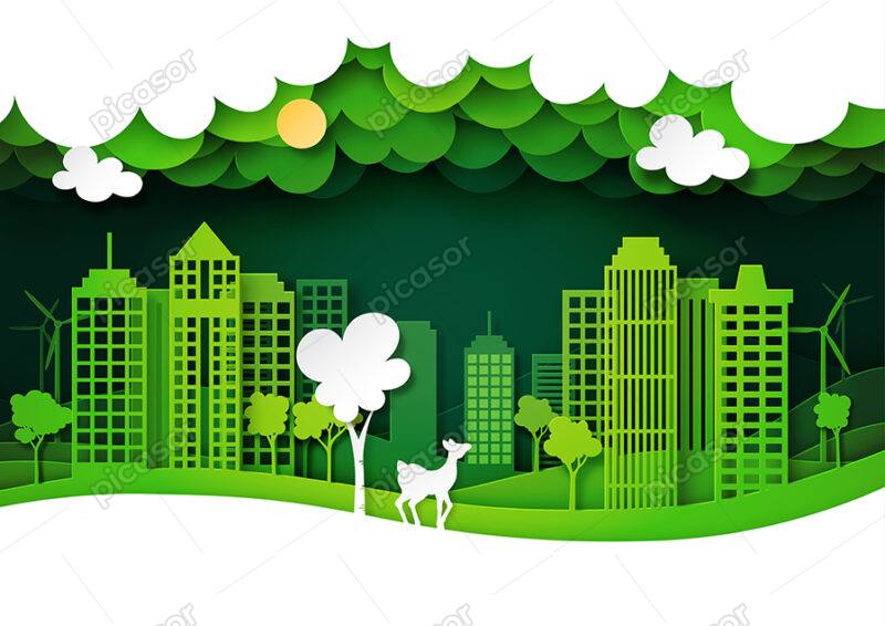 وکتور کاغذی و دایره های سبز از طبیعت سالم و حفظ محیط زیست و فضای شهری پاکیزه و سبز
