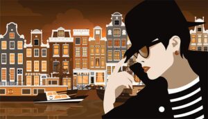وکتور زن مدلینگ با کلاه و ساختمانهای آمستردام در بکگراند، هنر پاپ