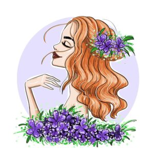 وکتور نگاره نیمرخ از دختر جوان با گلهای بنفش - مدلینگ