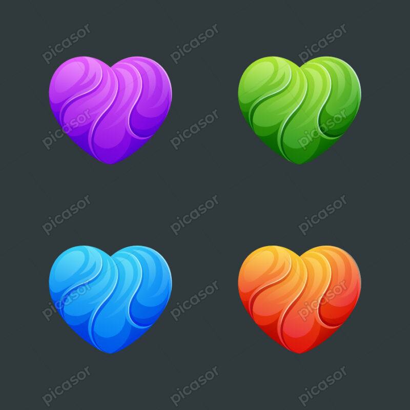 چهار قلب موجی در رنگهای نارنجی، سبز، بنفش و آبی
