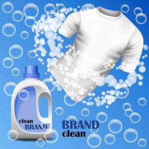 وکتور تبلیغاتی بطری پاک کننده و مواد شوینده ،لباس سفید و تمیز ، حباب و کف
