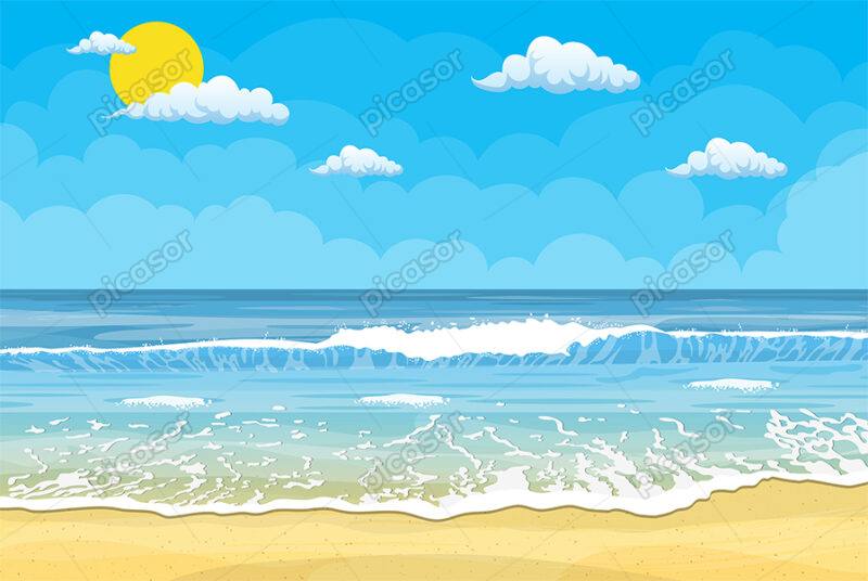 پس زمینه ساحل و دریا از نمای روبرو در ظهر آفتابی صاف با ابرهای سفید و امواجی که به ساحل میرسند