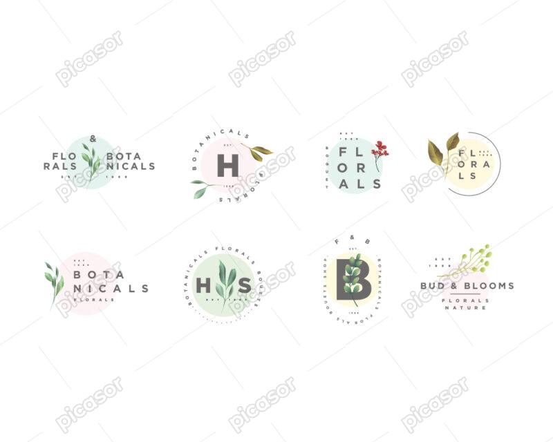 مجموعه لوگو مینیمال از گل، شاخه و برگ های گیاهان