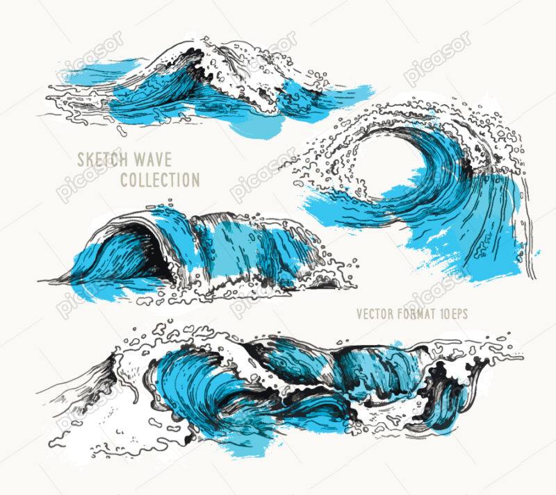 مجموعه وکتور نقاشی خطی از امواج اقیانوس