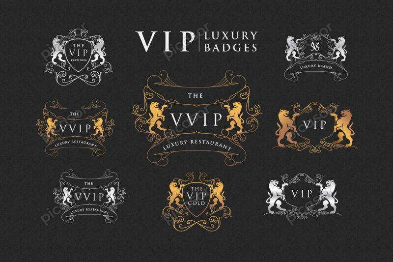 وکتور مجموعه بسیار شیک از لوگو و نشانهای VIP نقره ای و طلایی همراه شیرهای سلطنتی