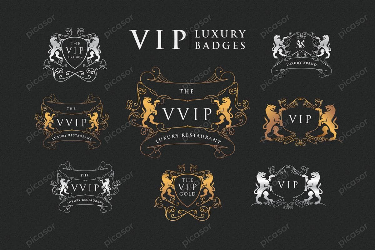 8 وکتور لوگو مونوگرام VIP نقره ای و طلایی همراه شیرهای سلطنتی وکتور مجموعه بسیار شیک از لوگو و نشانهای VIP نقره ای و طلایی همراه شیرهای سلطنتی