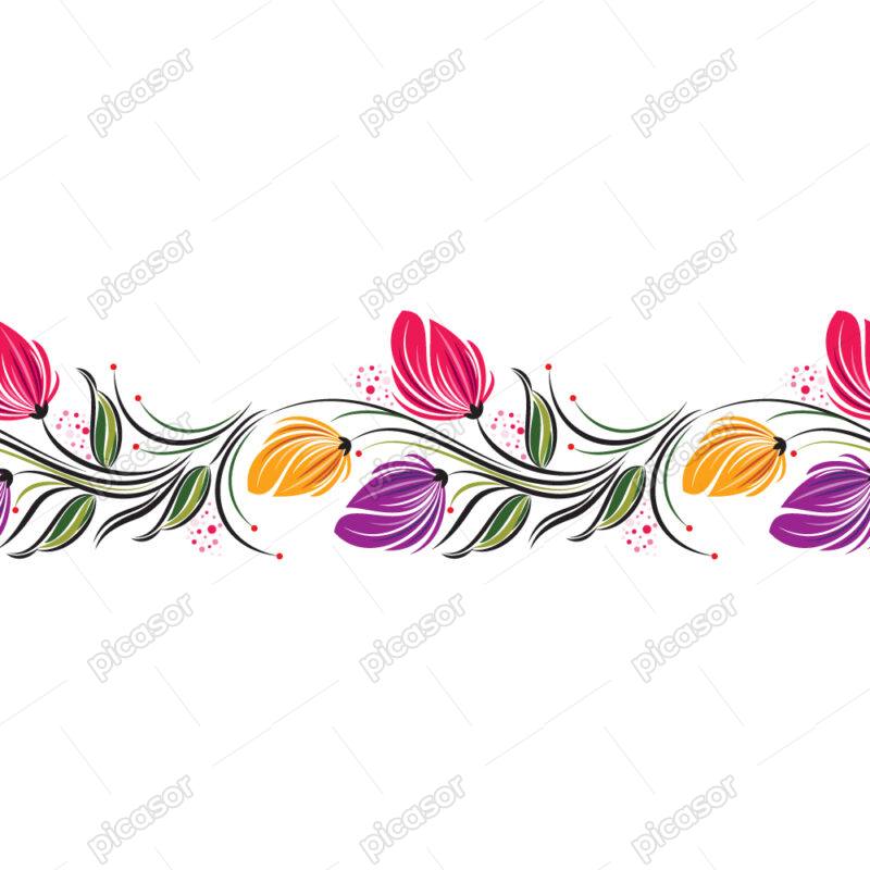 الگو، پترن افقی از گلهای صورتی، بنفش و زرد، جداکننده و مرزبندیهای رنگی