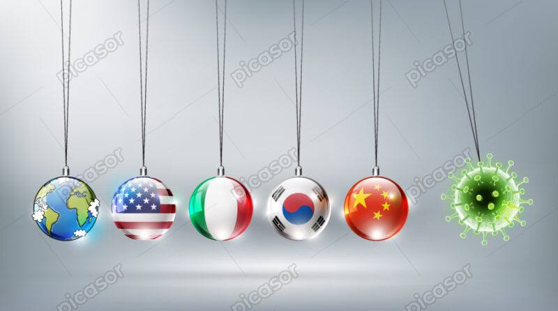 وکتور پوستر انتشار ویروسهای کرونا در دنیا به صورت آونگ نیوتن