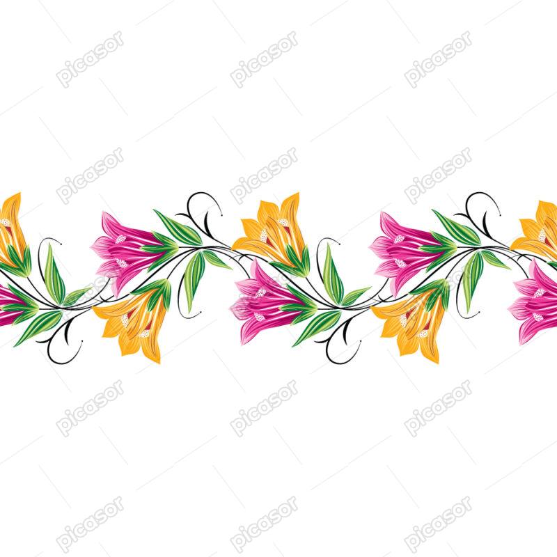 الگو، پترن افقی از گلهای شیپوری صورتی و زرد، جداکننده و مرزبندیهای رنگی
