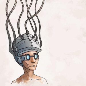 وکتور کارتونی از مردی که کلاه کنترل مغز بر سر دارد