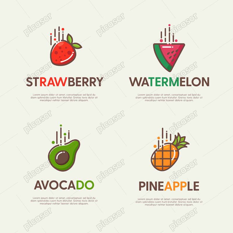 لوگو وکتور میوه های توت فرنگی، آووکادو، آناناس و هندوانه