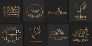مجموعه لوگو گل، شاخه و برگ های طلایی مناسب طراحی کارتهای دعوت و جشن