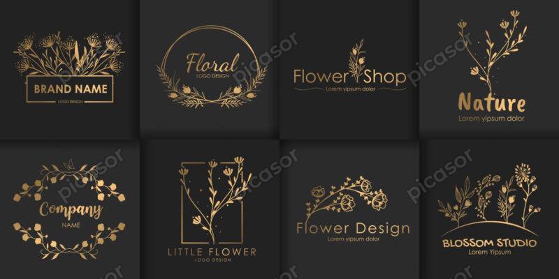 مجموعه لوگو گل، شاخه و برگ های طلایی مناسب طراحی کارتهای دعوت و جشن