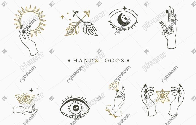 مجموعه لوگو دست و سمبلهای آیینی و جادو نقاشی شده دستی