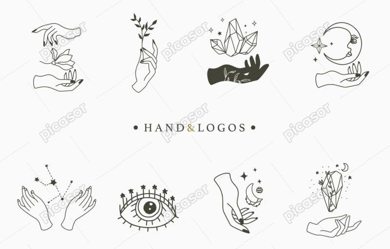 مجموعه لوگو دست و سمبلهای آیینی و جادو نقاشی شده دستی، مجموعه لوگوهای خطی و مینیمال