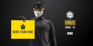 وکتور مرد با ماسک پزشکی و عینک زرد برای جلوگیری و ابتلا به ویروس کرونا، دورکاری