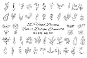 مجموعه 110 عددی از وکتورهای نقاشی دستی انواع گل و گیاه