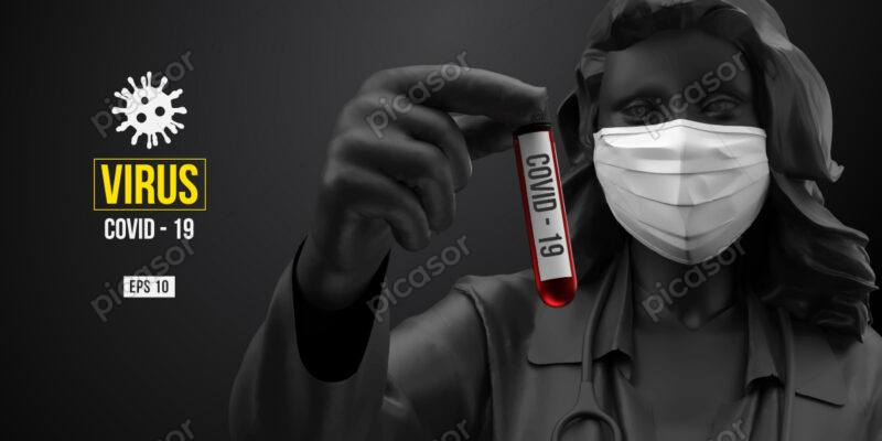 وکتور پس زمینه تمثیلی از پیکره پرستار با ماسک پزشکی، ویروس کرونا