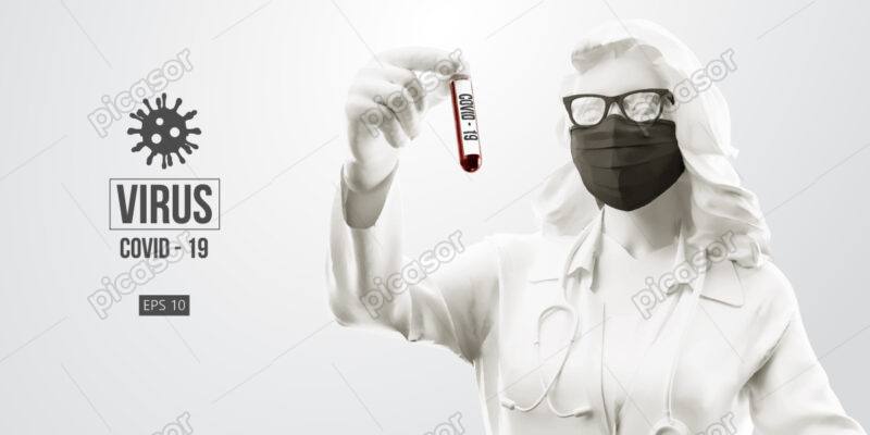 وکتور پس زمینه تمثیلی و پوستر از پیکره پرستار با ماسک پزشکی، ویروس کرونا