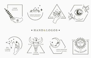 مجموعه لوگو وکتور دست و سمبلهای آیینی و جادو نقاشی شده دستی، مجموعه لوگوهای خطی و مینیمال