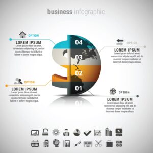 وکتور اینفوگرافی اقتصاد جهانی با المانهای کره زمین و دلار