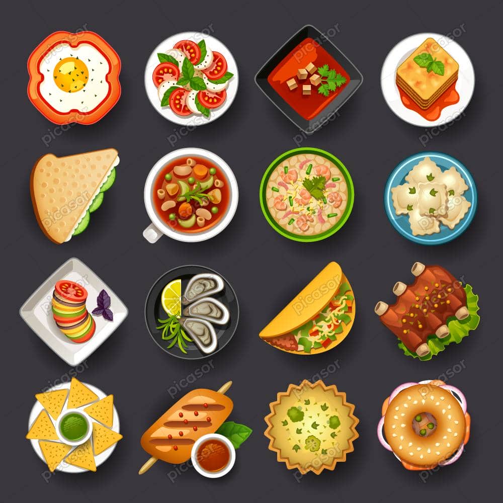 16 آیکون وکتور غذا و خواراکی های مختلف داخل بشقاب آیکون وکتور انواع غذا و خواراکی های مختلف داخل بشقاب