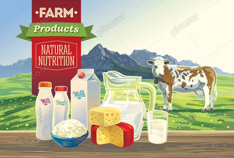 وکتور تبلیغاتی پس زمینه محصولات لبنی، شیر، ماست،پنیر و کره با چشم انداز مزرعه روستایی و گاو
