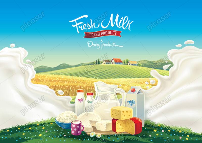 وکتور تبلیغاتی محصولات لبنی، شیر، ماست،پنیر و کره با چشم انداز مزرعه روستایی