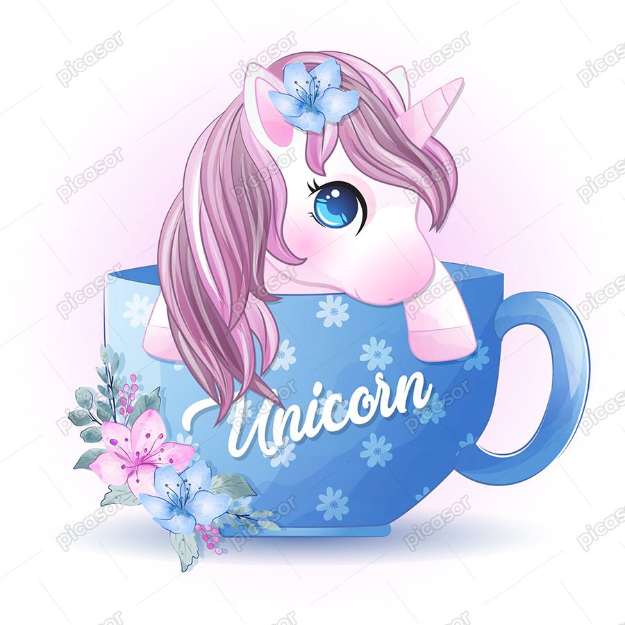 وکتور اسب تک شاخ کوچولو داخل فنجان آبی، وکتور شخصیت کارتونی حیوانات وکتور اسب تک شاخ کوچولو داخل فنجان آبی، وکتور شخصیت کارتونی حیوانات