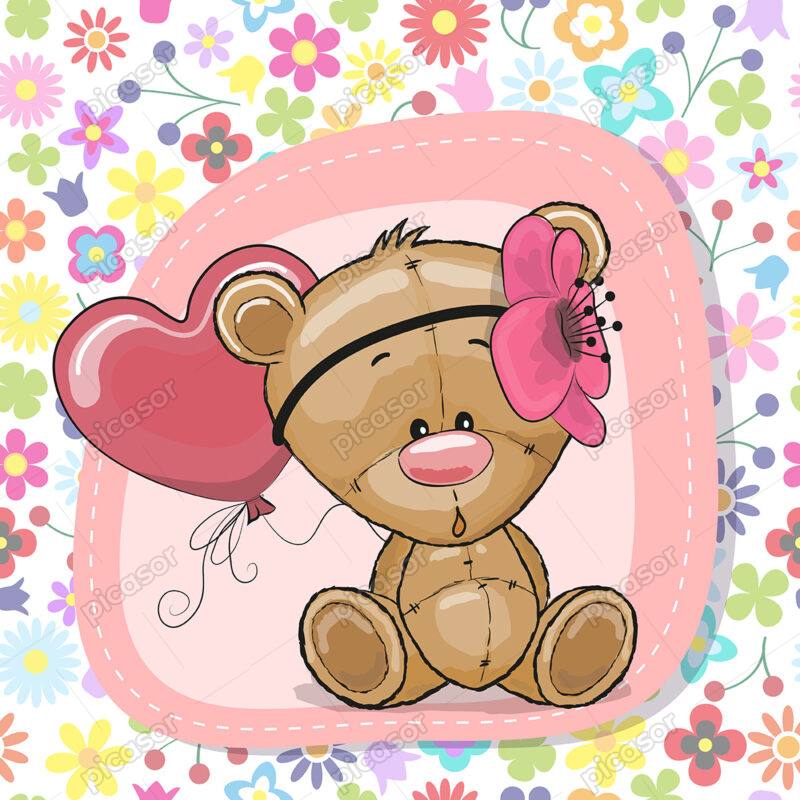 وکتور بچه خرس کارتونی با المانهای قلب بادکنکی و زمینه گلدار