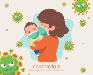 وکتور ویروس کرونا، مادر و فرزند با ماسک بهداشتی جهت جلوگیری از ابتلا به ویروس کرونا