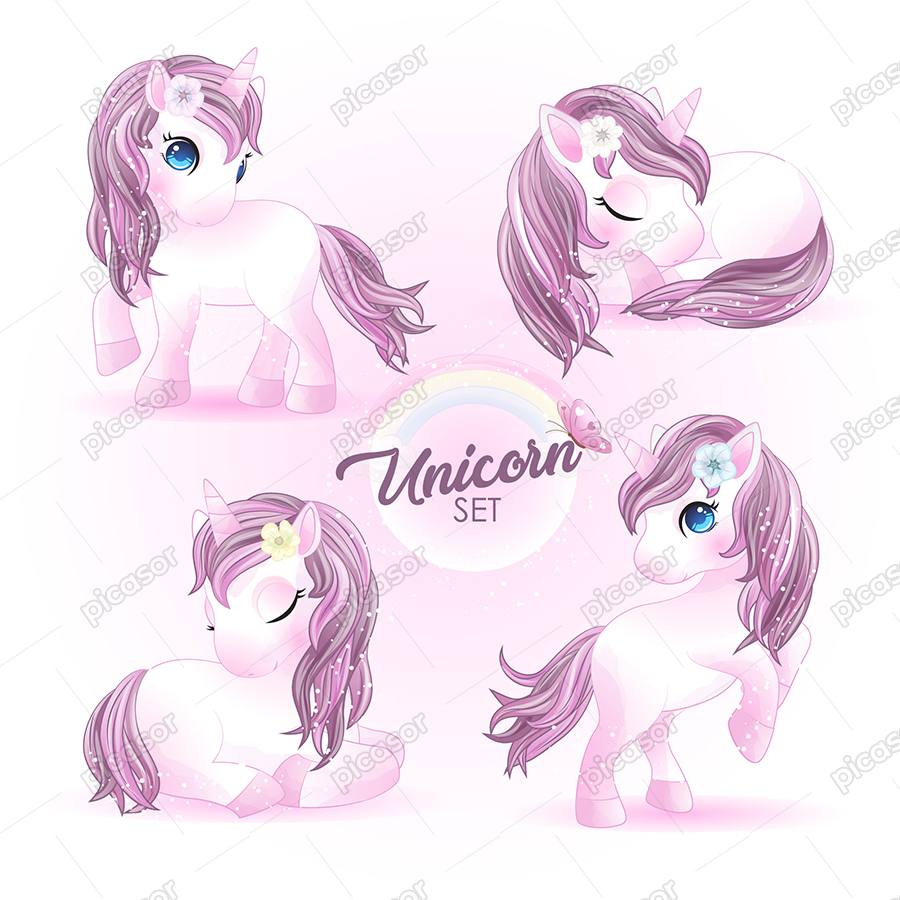 مجموعه 4 وکتور اسب تک شاخ کوچولو، وکتور شخصیت کارتونی حیوانات مجموعه 4 وکتور اسب تک شاخ کوچولو، وکتور شخصیت کارتونی حیوانات