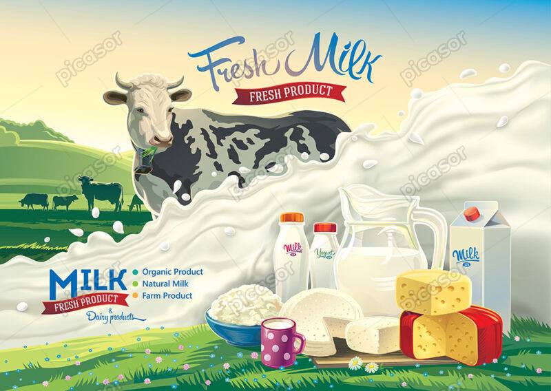 وکتور تبلیغاتی محصولات لبنی، شیر، ماست،پنیر و کره با چشم انداز روستا و گاو