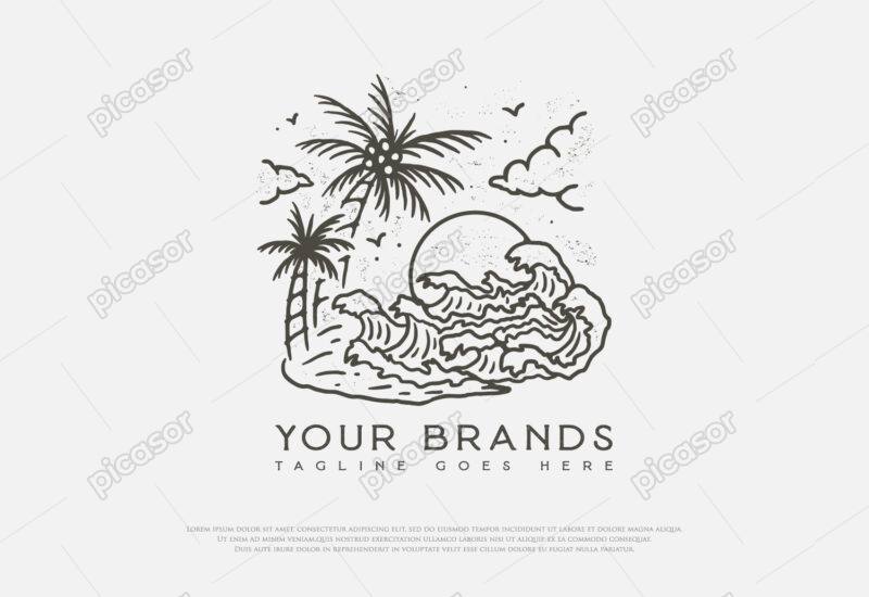 لوگو وکتور ساحل دریا و جزیره با المانهای درخت نخل و نارگیل، امواج دریا، ابر و خورشید، وکتور خطی ترسیمی
