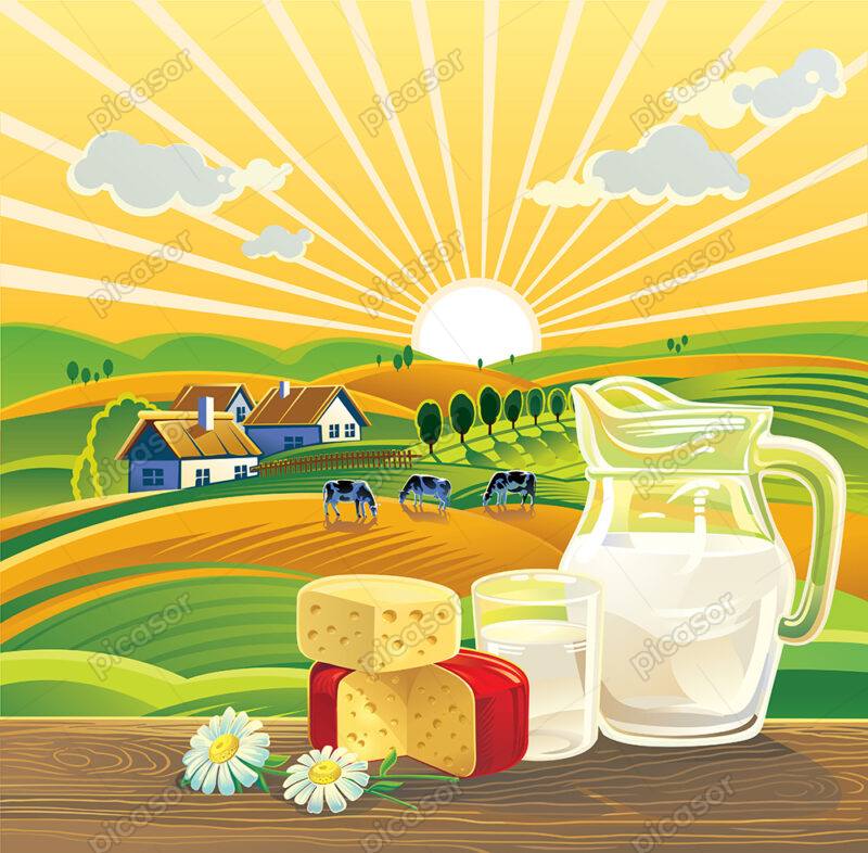 وکتور تبلیغاتی محصولات لبنی، شیر، ماست،پنیر و کره با چشم انداز مزرعه روستایی و گاو