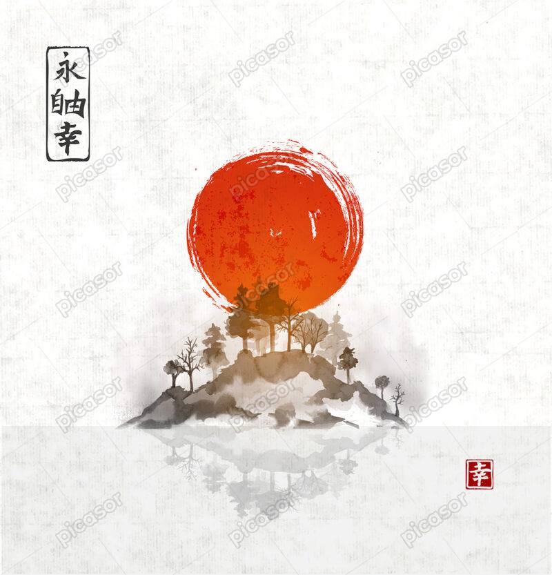 وکتور نقاشی کوه و جنگلهای ژاپن و خورشید سرخ در پس زمینه،هنر نقاشی ژاپنی
