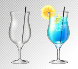 وکتور لیوان نوشیدنی آبی روشن و برش لیمو با قالبهای یخ و لیوان خالی