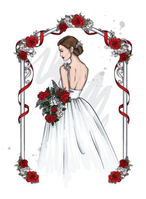 وکتور عروس و دسته گل عروس با گلهای سرخ
