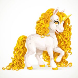 وکتور اسب تک شاخ کارتونی با موهای طلایی