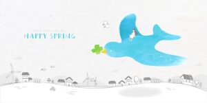 وکتور ایلوستریشن نقاشی خطی آبرنگی دختر بچه در حال پرواز با پرنده آبی در نمای خارج شهر/روستا)