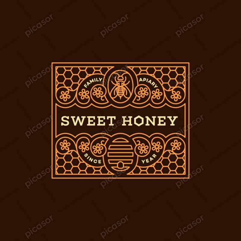وکتور عسل به همراه کندو و زنبور عسل، وکتور لیبل و برچسب مستطیلی عسل